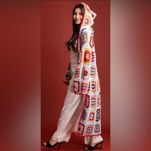 SAACHI Hooded Granny Square Crochet Kimono Sweater Duster Cardigan NWOT O/S